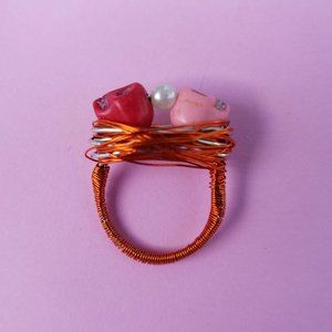 Wire Wrapped Skull Bead Orange Ring Size 6